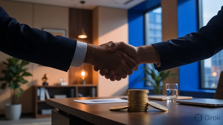 Two people shaking hands with a coin stack on the desk