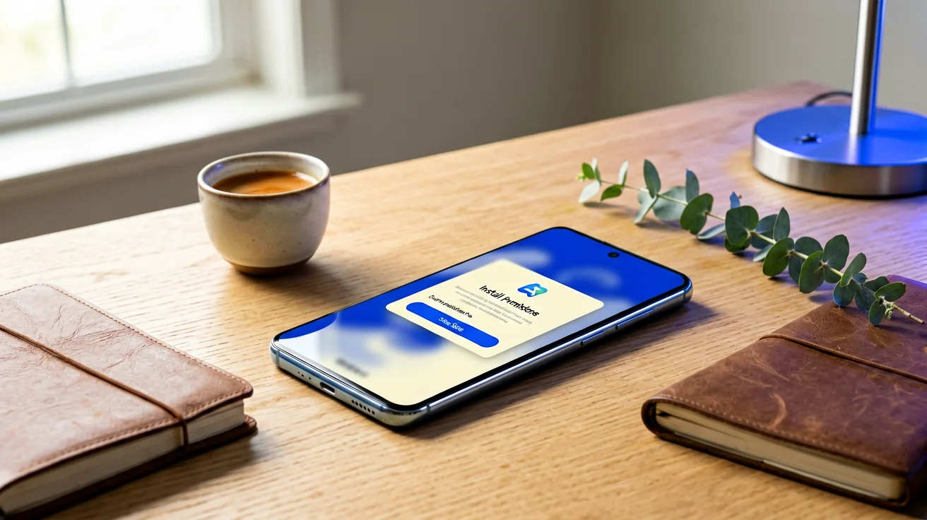 Reference frame: a modern Android smartphone lying flat on a clean light oak desk beside a small ceramic cup