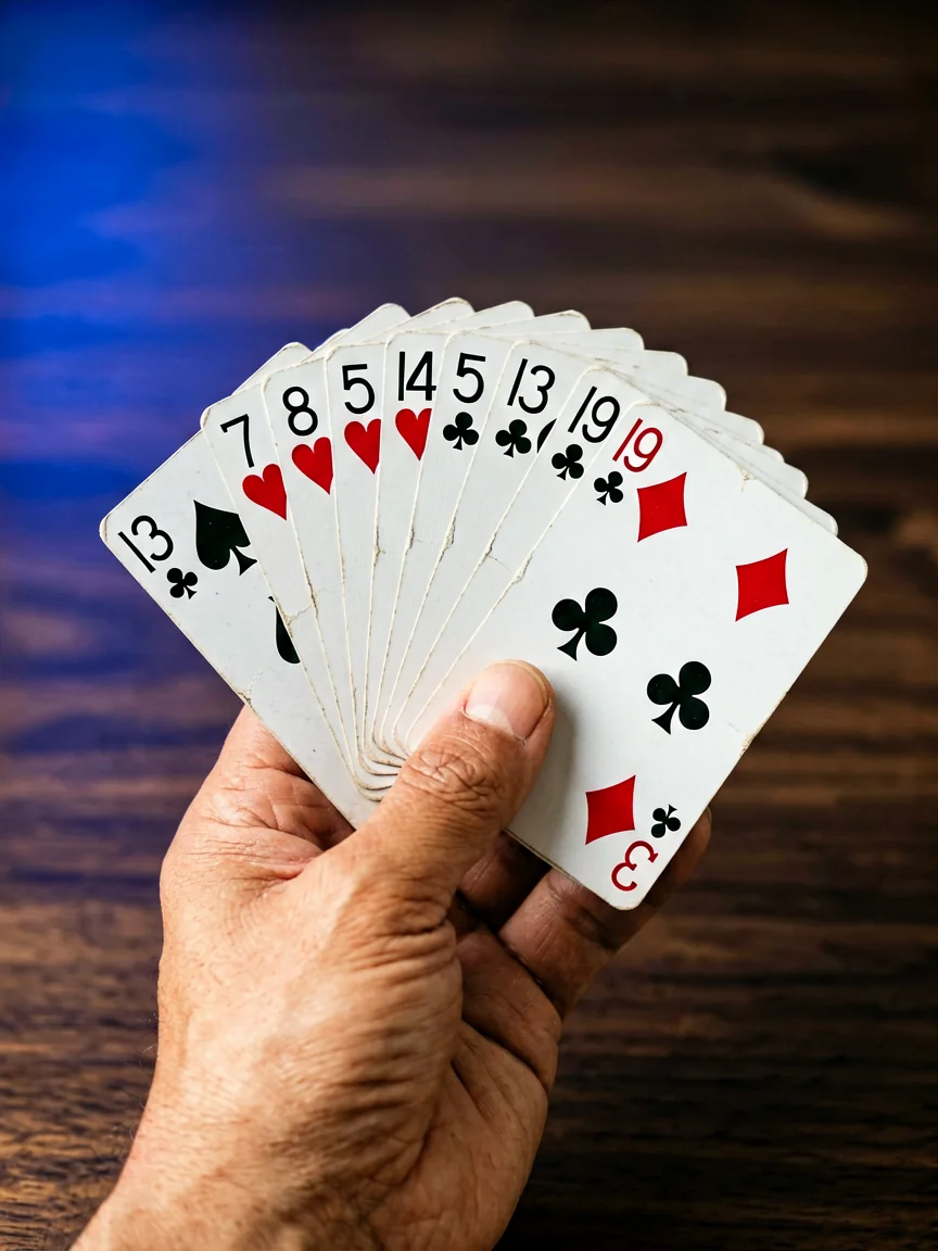 Reference frame: an adult player's hand presenting a 13-card rummy hand fanned toward camera
