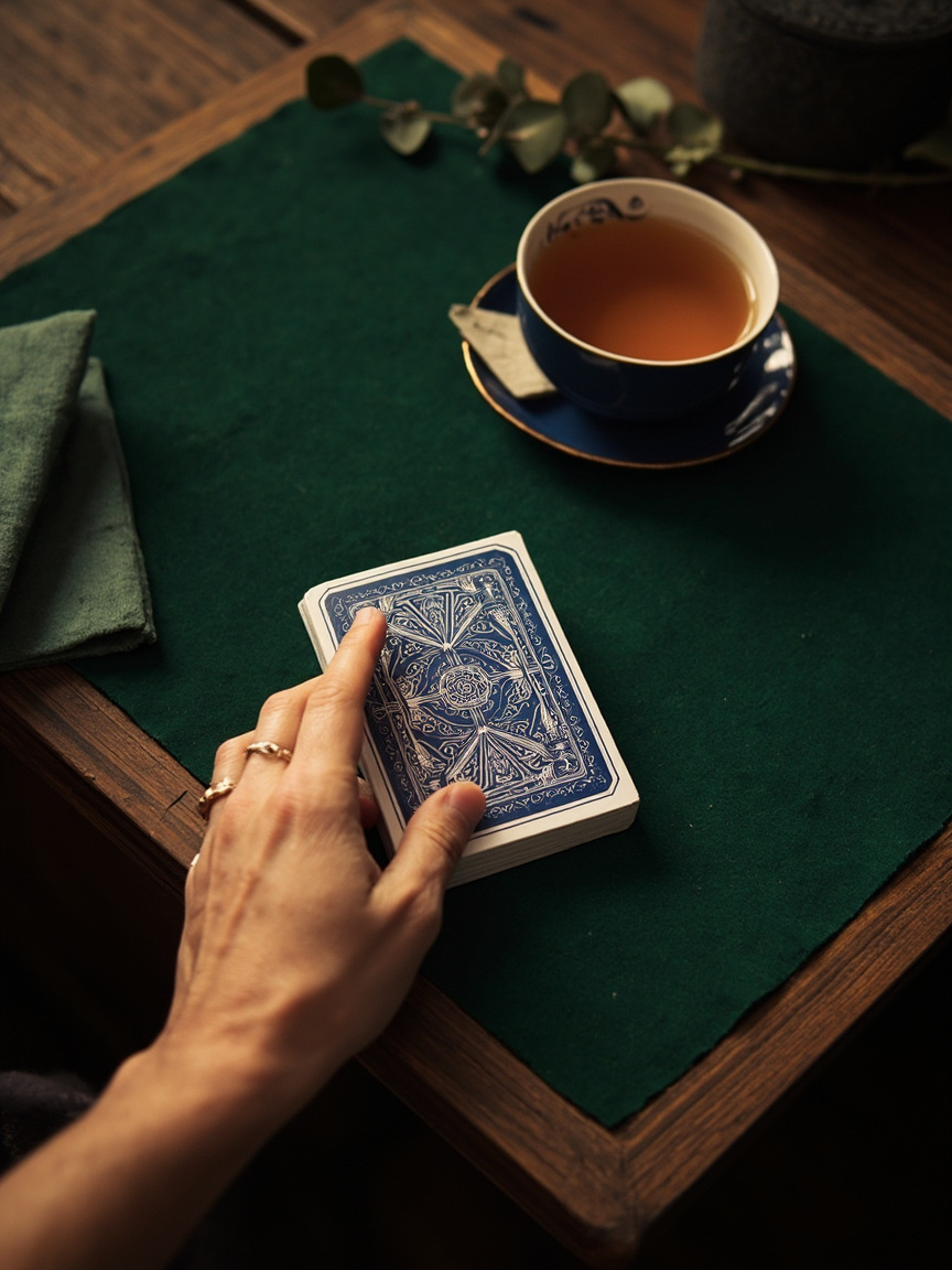 Reference still-life: a closed deck of cards resting on a dark walnut surface beside a green baize cloth and a hand resting palm-down