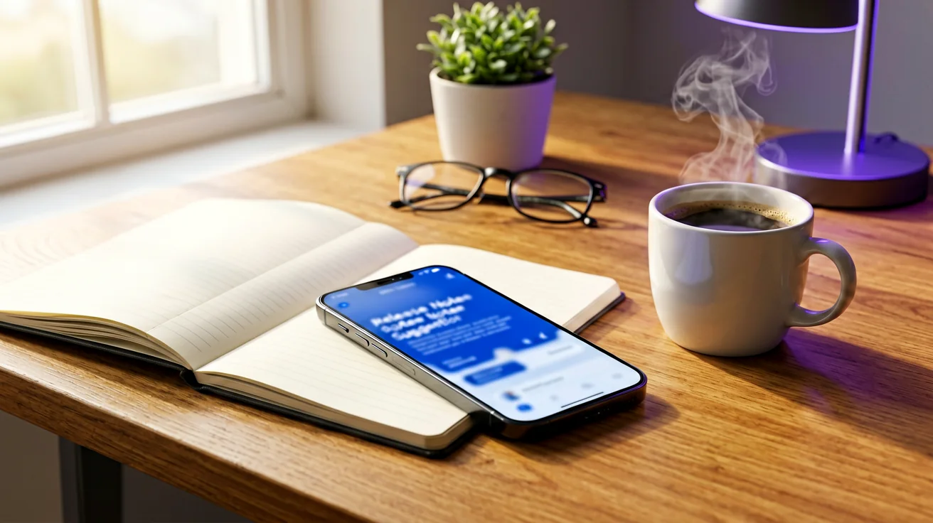 Reference frame: a smartphone resting on a warm wooden desk next to an open notebook and a steaming coffee cup in soft morning window light